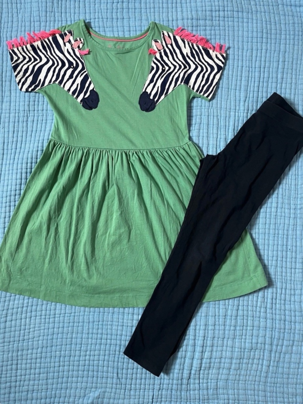 Mini Boden Green Appliqué Zebra Tunic Dress & navy leggings